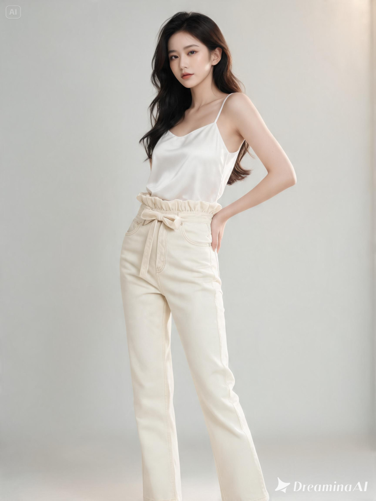 Women's Paperbag Waist Straight Jeans Cream